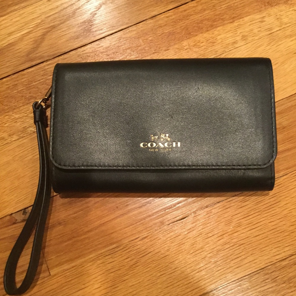 COACH Black Leather Phone Wristlet/Wallet